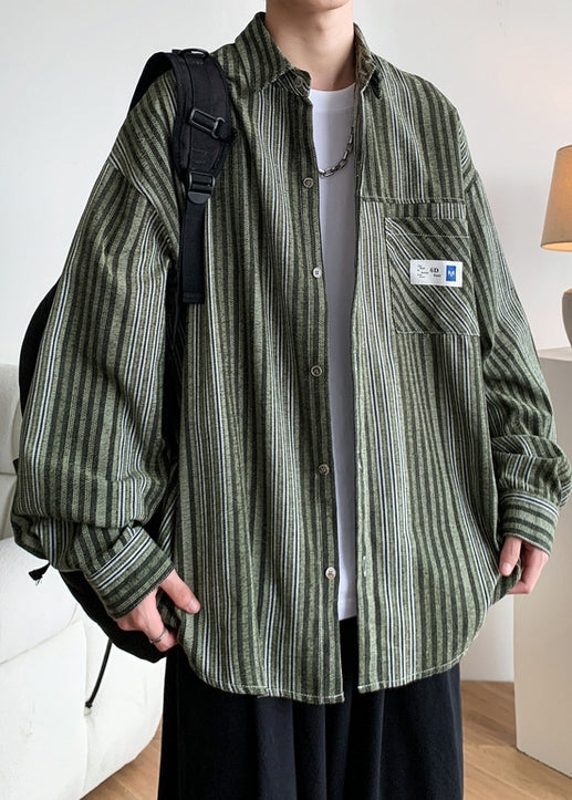Loose Green Button Striped Pockets Cotton Shirts Men Spring
