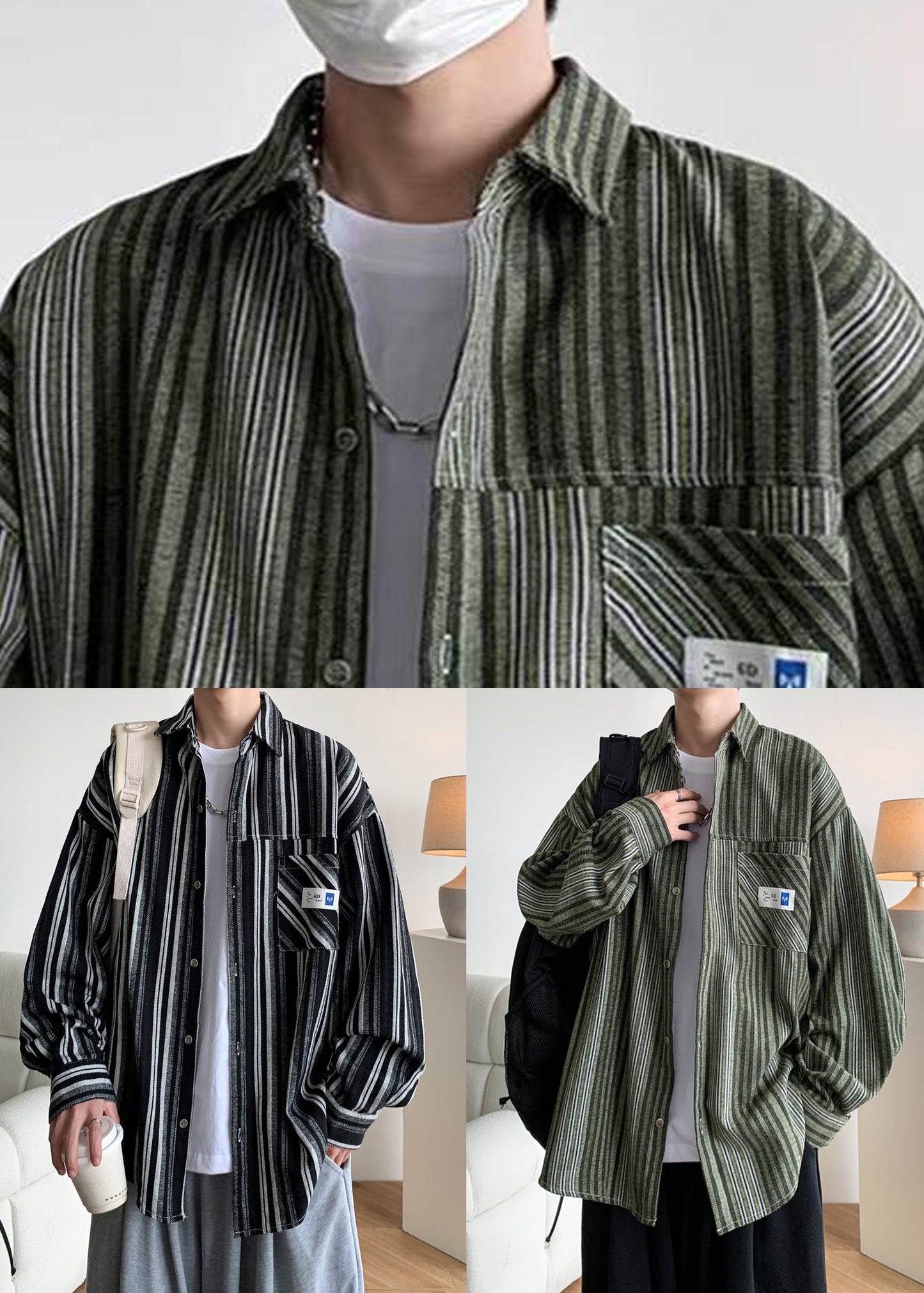 Loose Green Button Striped Pockets Cotton Shirts Men Spring