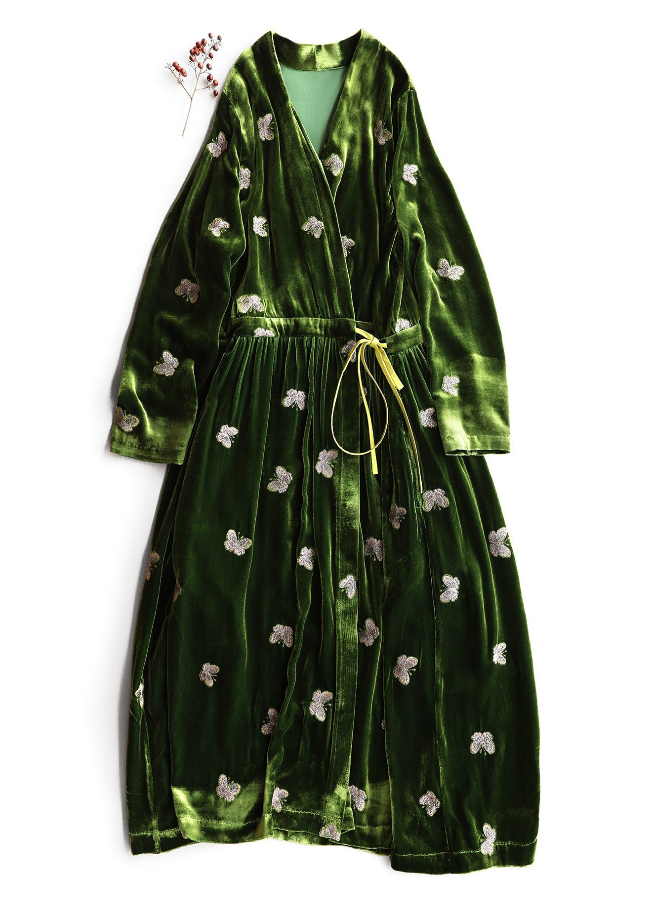 Loose Green Print Butterfly Lace Up Silk Velvet Long Dress Spring