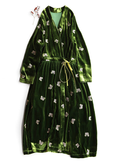 Loose Green Print Butterfly Lace Up Silk Velvet Long Dress Spring