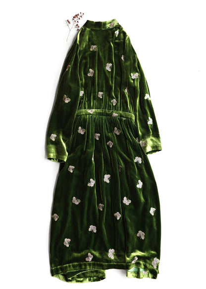 Loose Green Print Butterfly Lace Up Silk Velvet Long Dress Spring