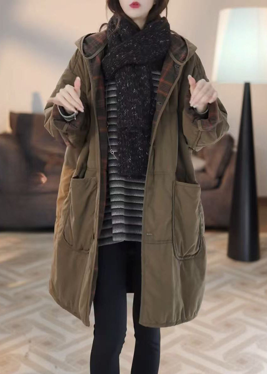 Loose Green Hooded Button Pockets Parkas Winter