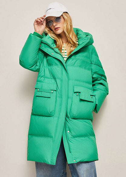 Loose Green Hooded Wrinkled Silk Cotton Blend Coat Winter