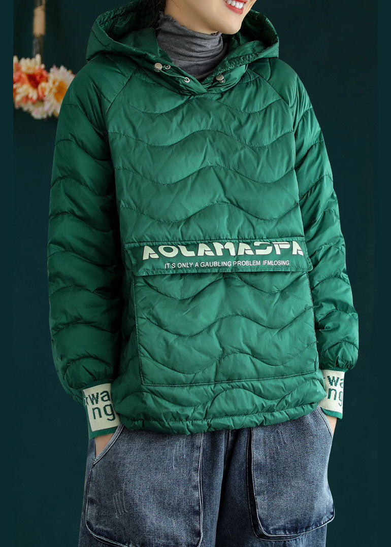 Loose Green Hooded Drawstring Duck Down Sweatshirt Winter Down Coat