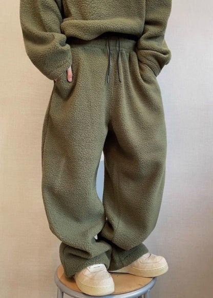 Loose Green Lace Up Elastic Waist Teddy Faux Fur Pants Winter