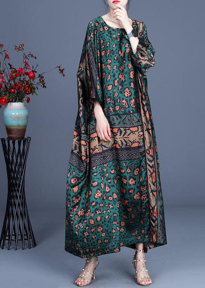 Loose Green Leopard Long Sleeve Chiffon Holiday Dress Summer Spring