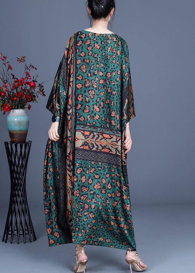 Loose Green Leopard Long Sleeve Chiffon Holiday Dress Summer Spring