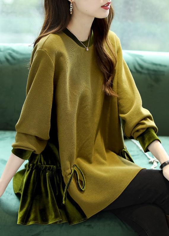 Loose Blue O-neck Patchwork Drawstring Sweatshirts Top Long Sleeve