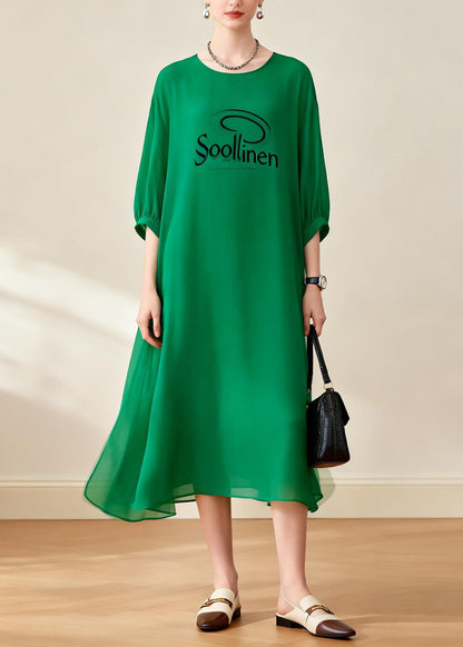 Loose Green O Neck Print Chiffon Dress Summer