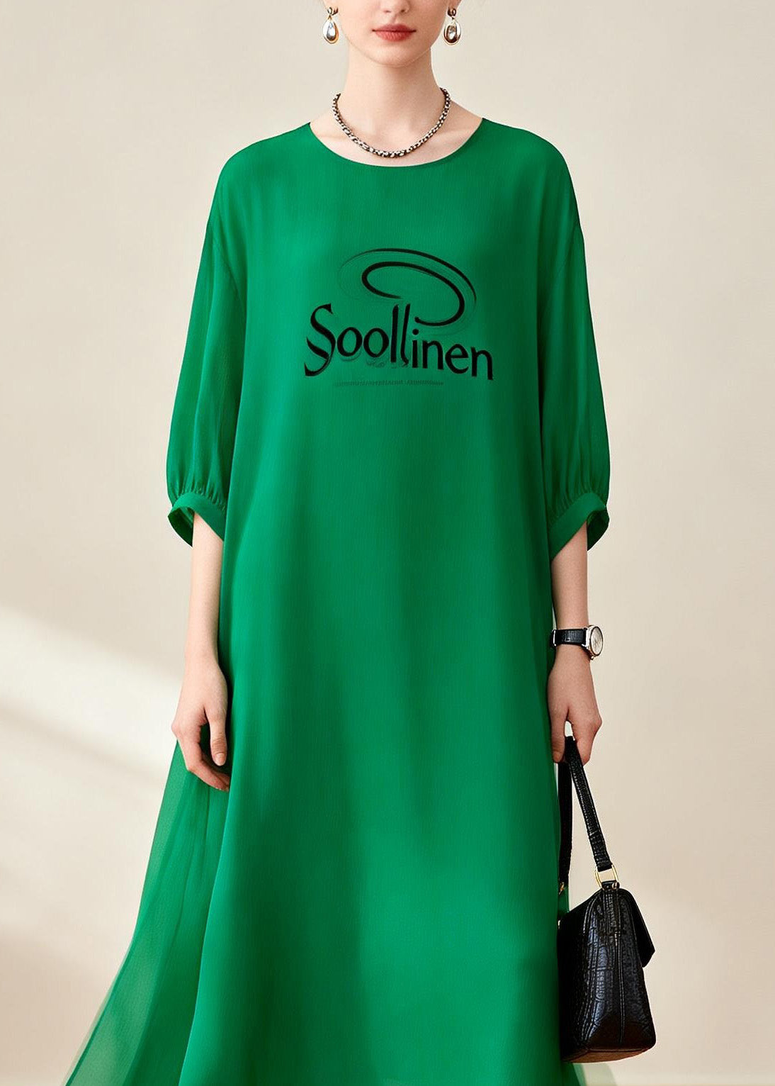 Loose Green O Neck Print Chiffon Dress Summer