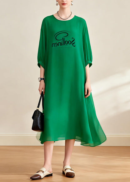 Loose Green O Neck Print Chiffon Dress Summer