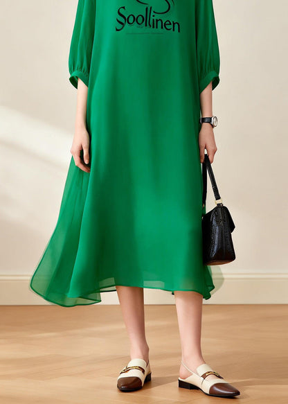 Loose Green O Neck Print Chiffon Dress Summer