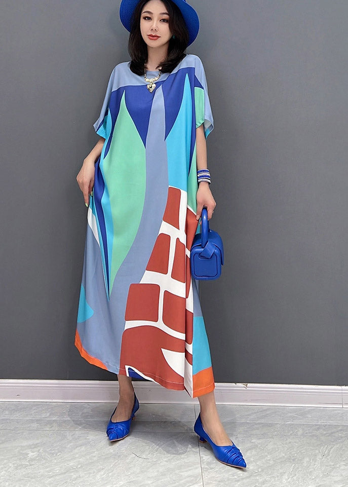 Loose Green O-neck Print Long Dress Short Sleeve