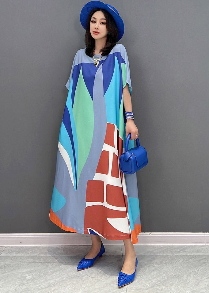 Loose Green O-neck Print Long Dress Short Sleeve