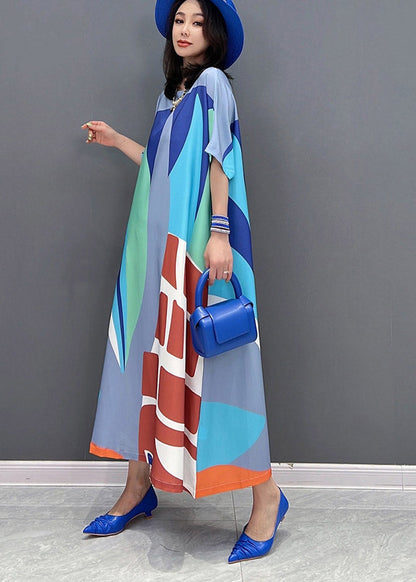 Loose Green O-neck Print Long Dress Short Sleeve