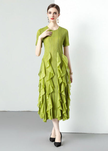 Loose Green O-neck Ruffled Patchwork Chiffon Long Dresses Summer