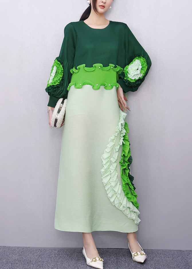 Loose Green O-neck Ruffled Patchwork Long Dress Fall