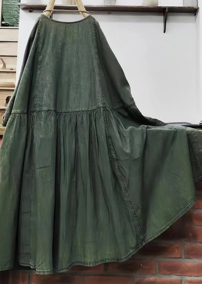 Loose Green O Neck Cotton Mid Dress Long Sleeve