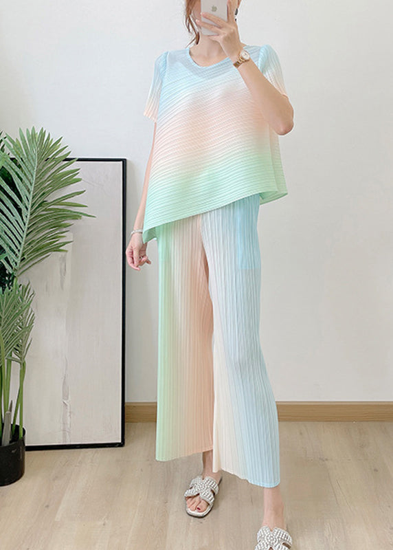 Loose Green O-neck Striped Top and Pants Silk Two Piece Set Summer