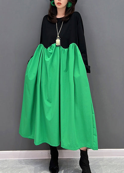 Loose Green O-neck Wrinkled Patchwork Maxi Dresses Winter