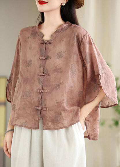 Loose Green Oriental Button Jacquard Cotton Shirt Tops Summer