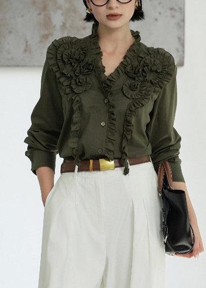 Loose Green Original Design Ruffled Cotton Blouses