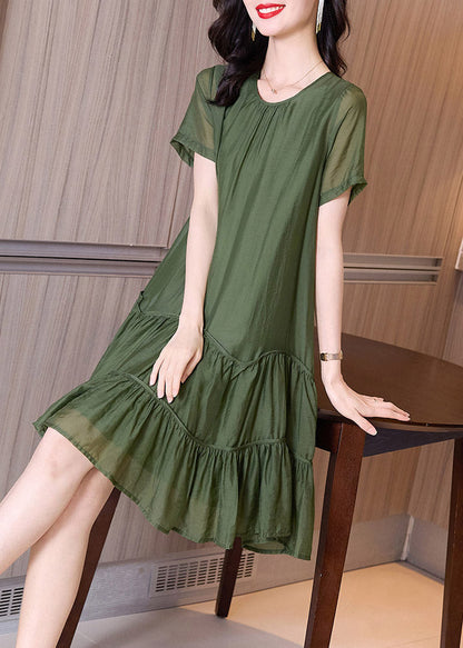 Loose Green Patchwork Wrinkled Mid Dresses Summer