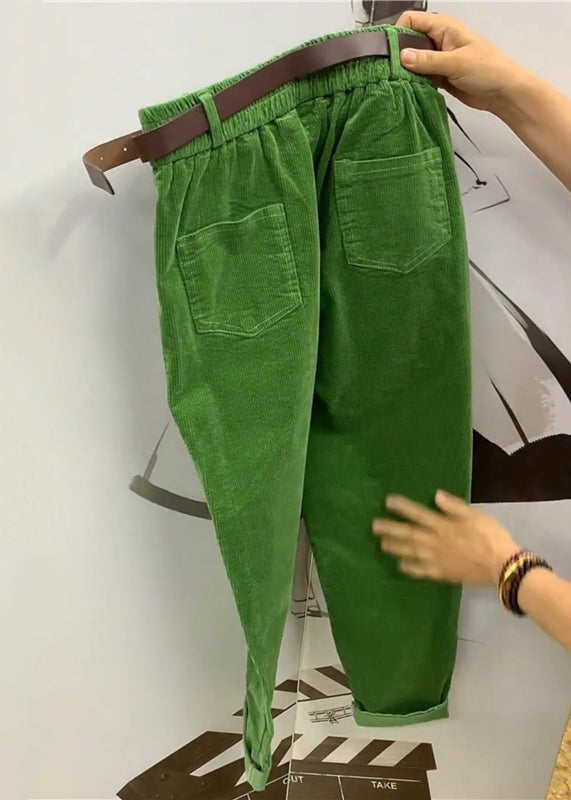 Loose Green Pockets Elastic Waist Corduroy Harem Pants Fall