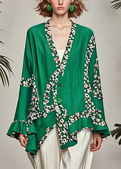 Loose Green Print Button Coat Long Sleeve