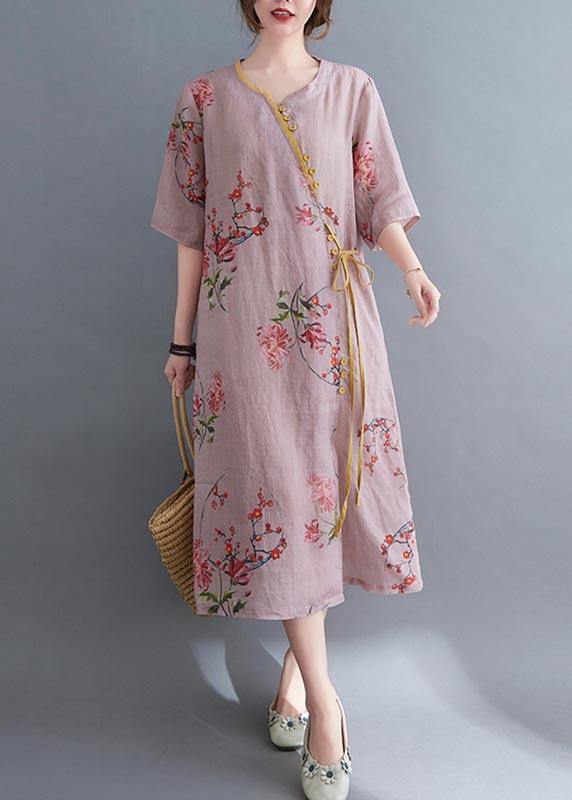 Loose Pink Geometry Button Maxi Summer Chiffon Dress