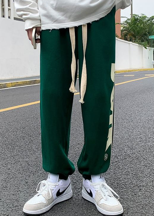 Loose Green Print Elastic Waist Cotton Pants Spring