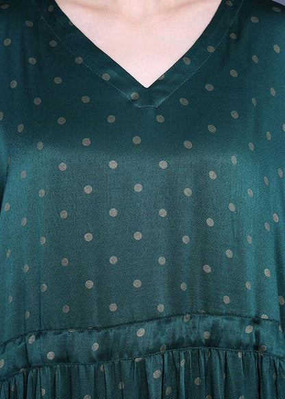 Loose Green Print Tie Waist Summer O-neck Long Dress