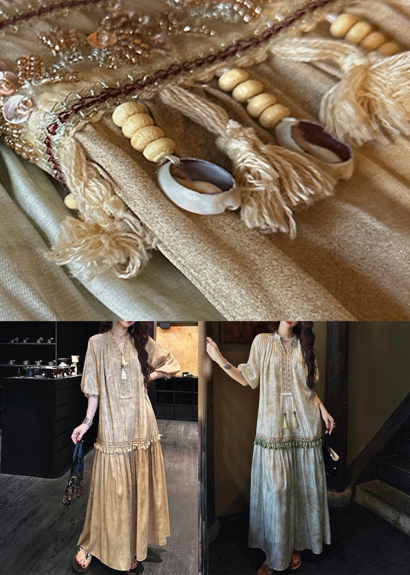 Loose Green Tasseled Silk Long Dresses Butterfly Sleeve