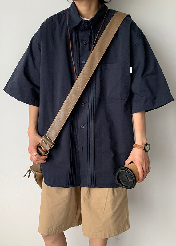 Loose Grey Button Button Cotton Shirt Half Sleeve