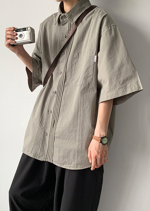 Loose Grey Button Button Cotton Shirt Half Sleeve