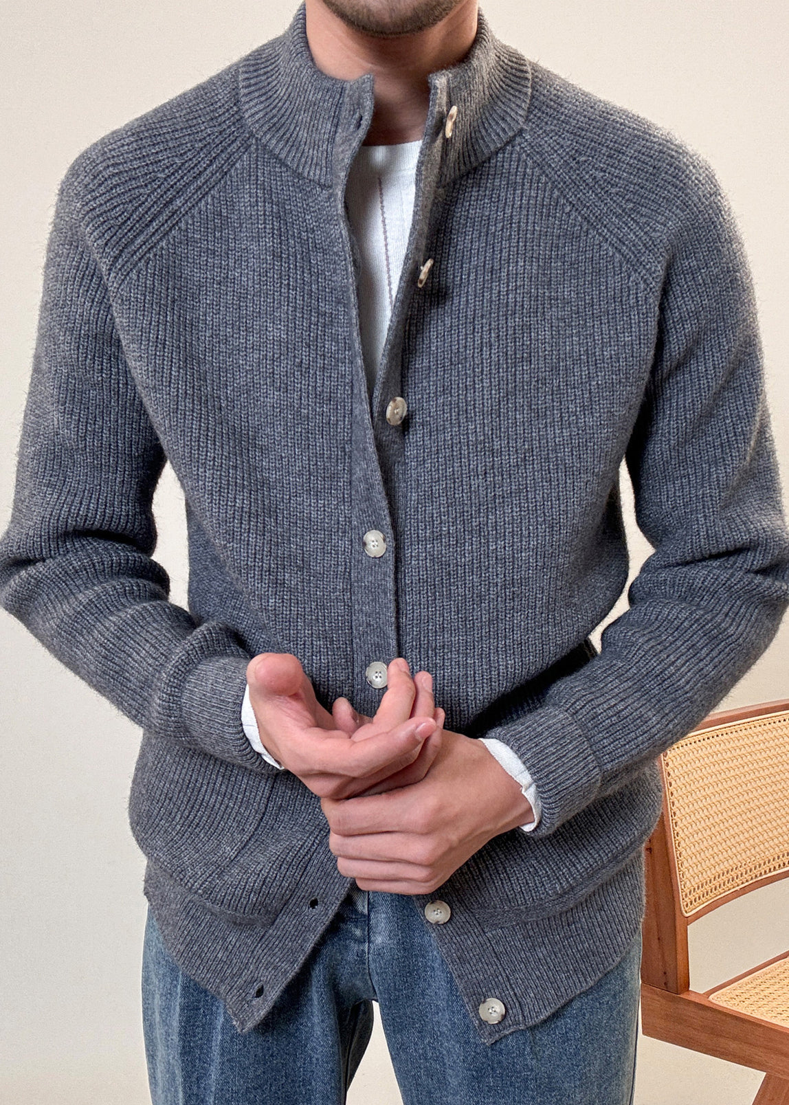 Loose Grey Button Pockets Cozy Cotton Knit Coats