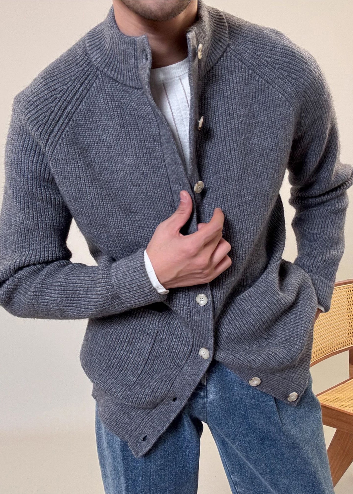 Loose Grey Button Pockets Cozy Cotton Knit Coats