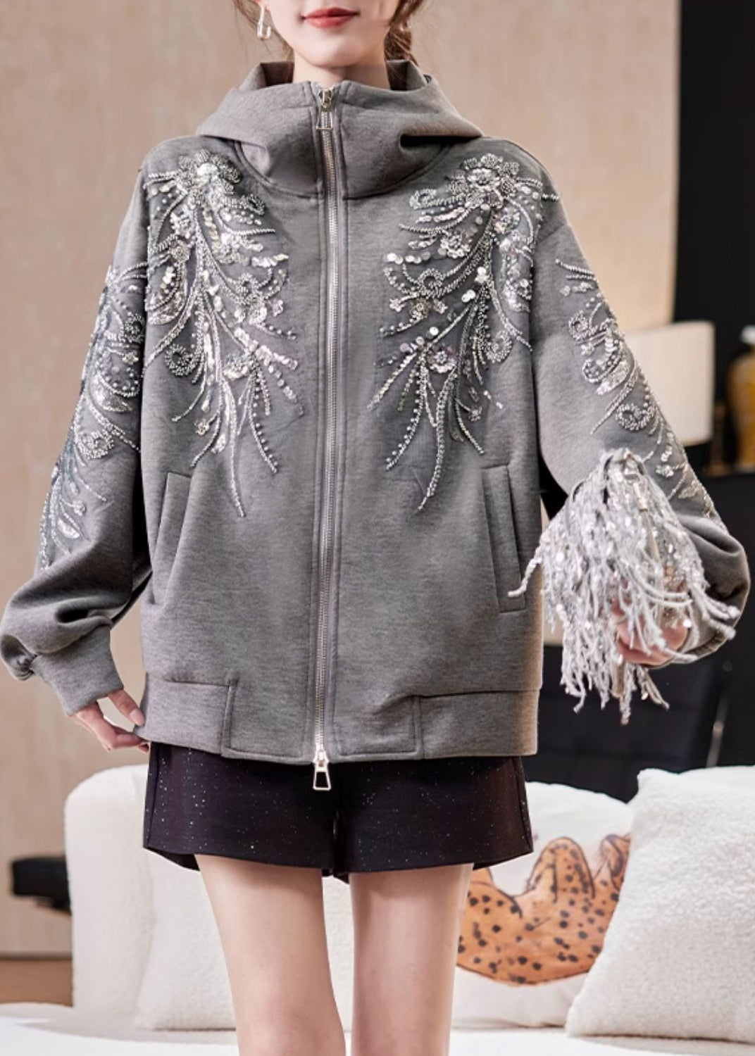 Loose Grey Hooded Sequins Nail Bead Cotton Coats Spring