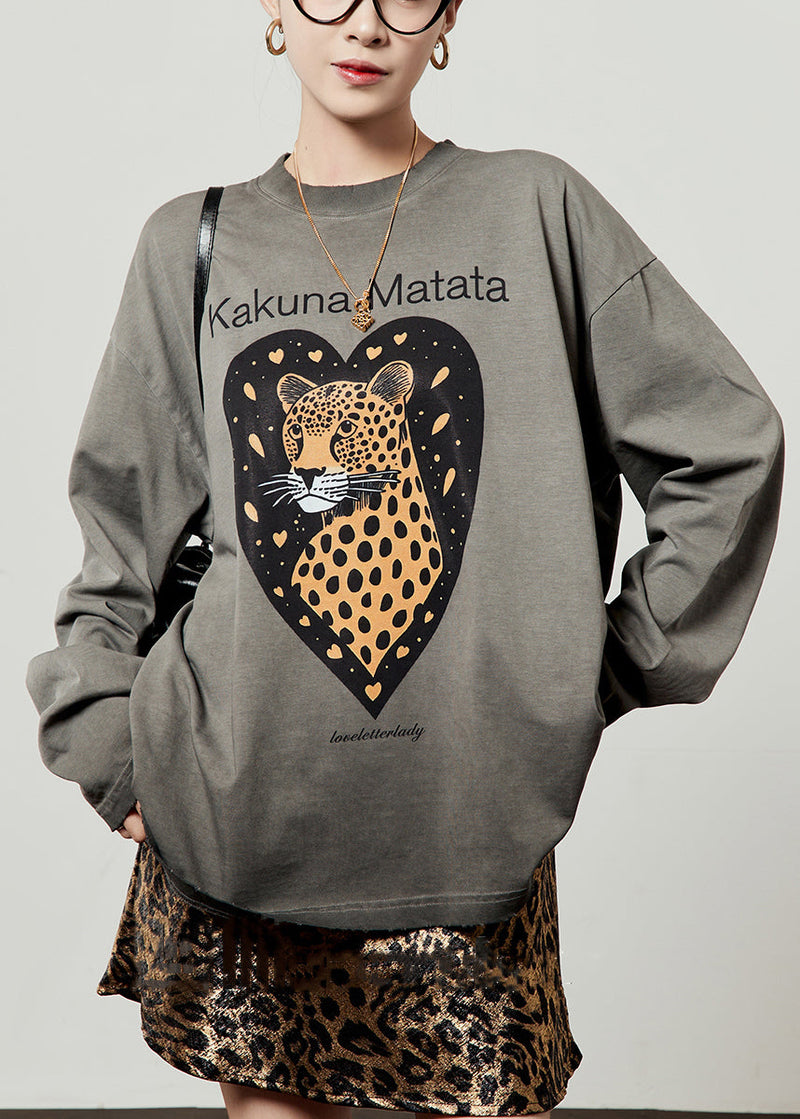 Loose Grey O Neck Animal Letter Cotton T Shirt Spring