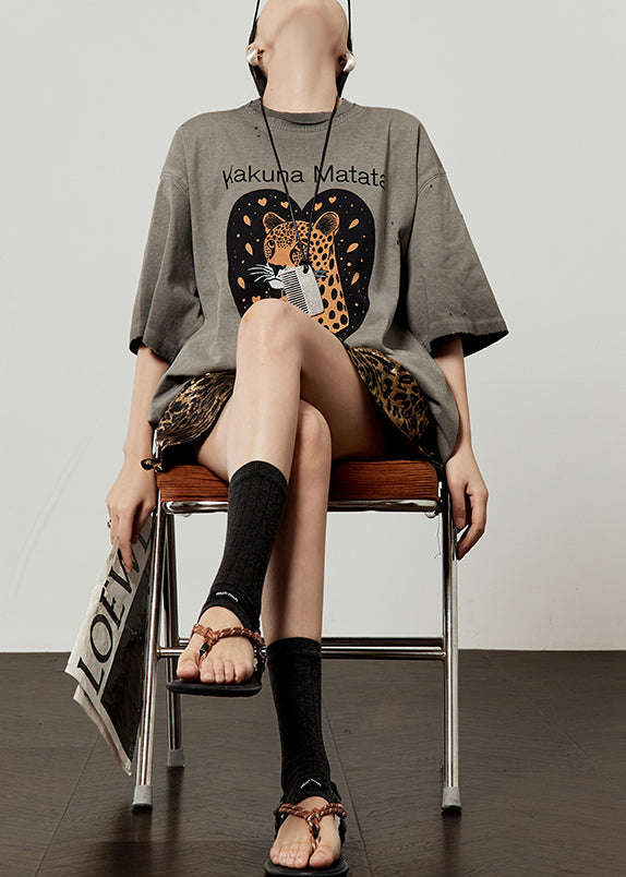 Loose Grey O Neck Animal Letter Cotton T Shirt Spring