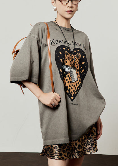 Loose Grey O Neck Animal Letter Cotton T Shirt Spring
