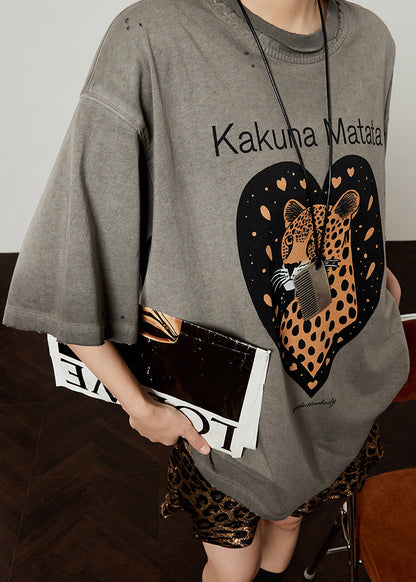 Loose Grey O Neck Animal Letter Cotton T Shirt Spring