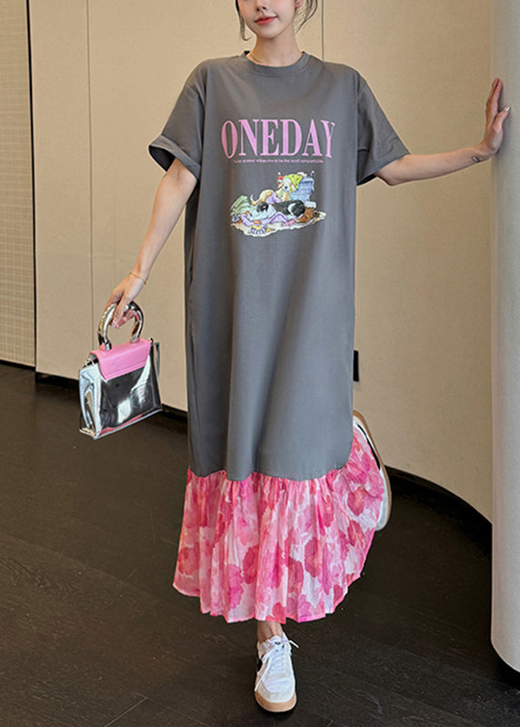 Loose Grey O-neck Print Chiffon Patchwork Long Dress Summer