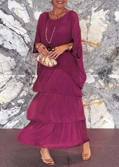 Loose Grey O Neck Chiffon Long Dress Half Sleeve