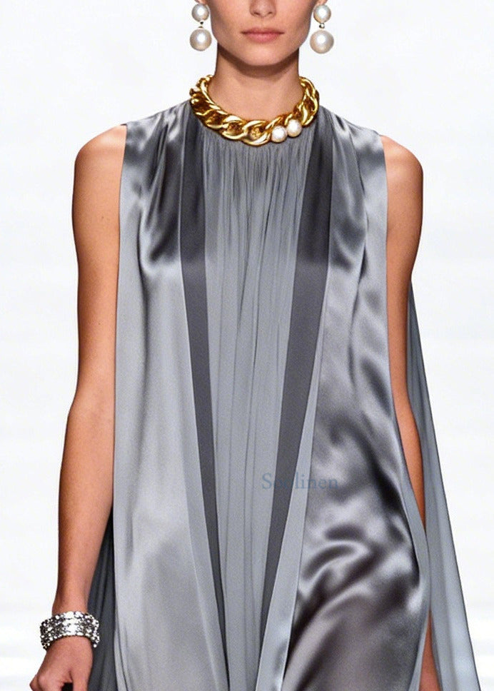 Loose Grey Oversized Stereoscopic Chiffon Long Dress Sleeveless