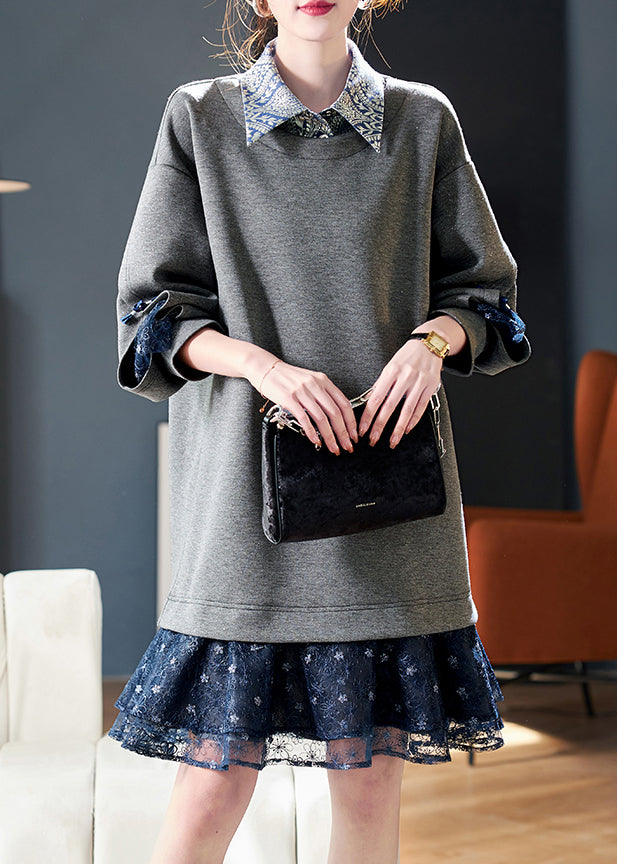 Loose Grey Peter Pan Collar Patchwork False Two Pieces Cotton Mid Dress Spring