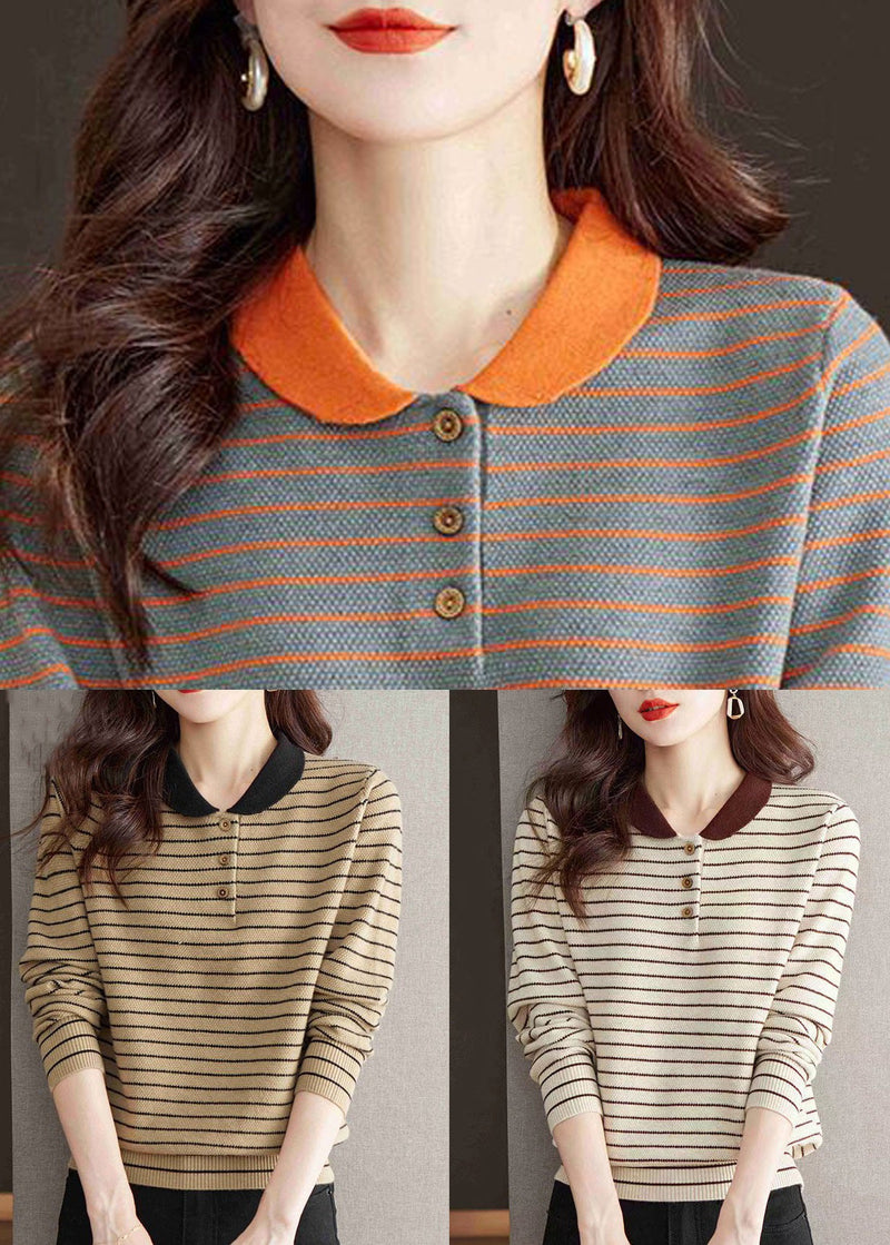 Loose Grey Peter Pan Collar Striped Knit Sweater Spring