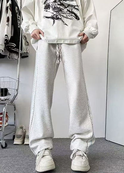 Loose Grey Pockets Elastic Waist Cotton Pants Spring