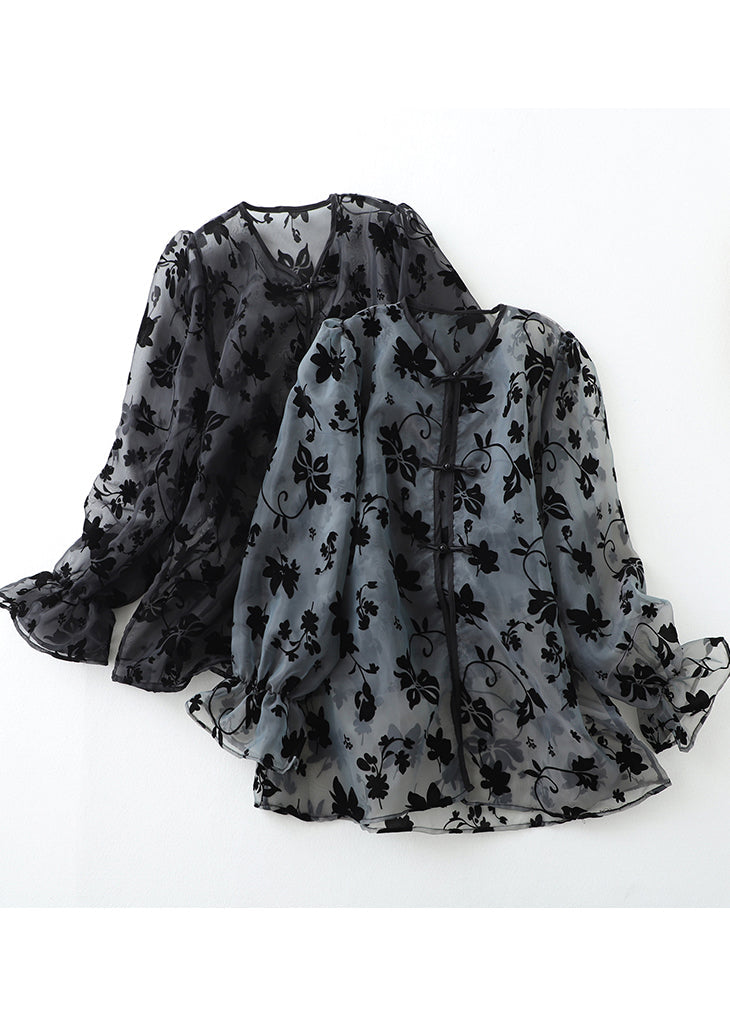 Loose Grey Print Chinese Button Tulle Upf 50+ Tops Summer