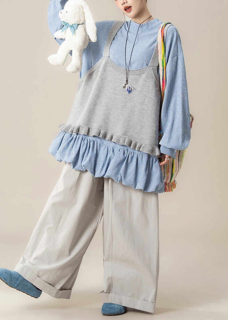 Loose Grey Ruffled Knit Vest Blue Lace Up Tops and Pants Cotton Three Piece Set Spring